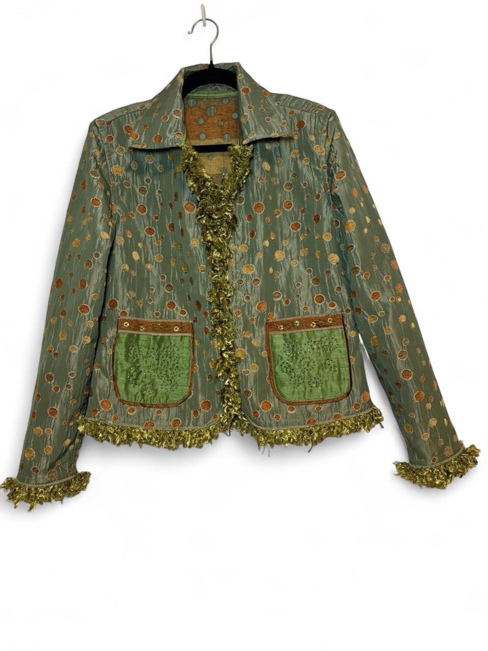 Y2K Vintage Reversible Silk Blend Patchwork Fringe Women's Jacket - Picture 4 of 5